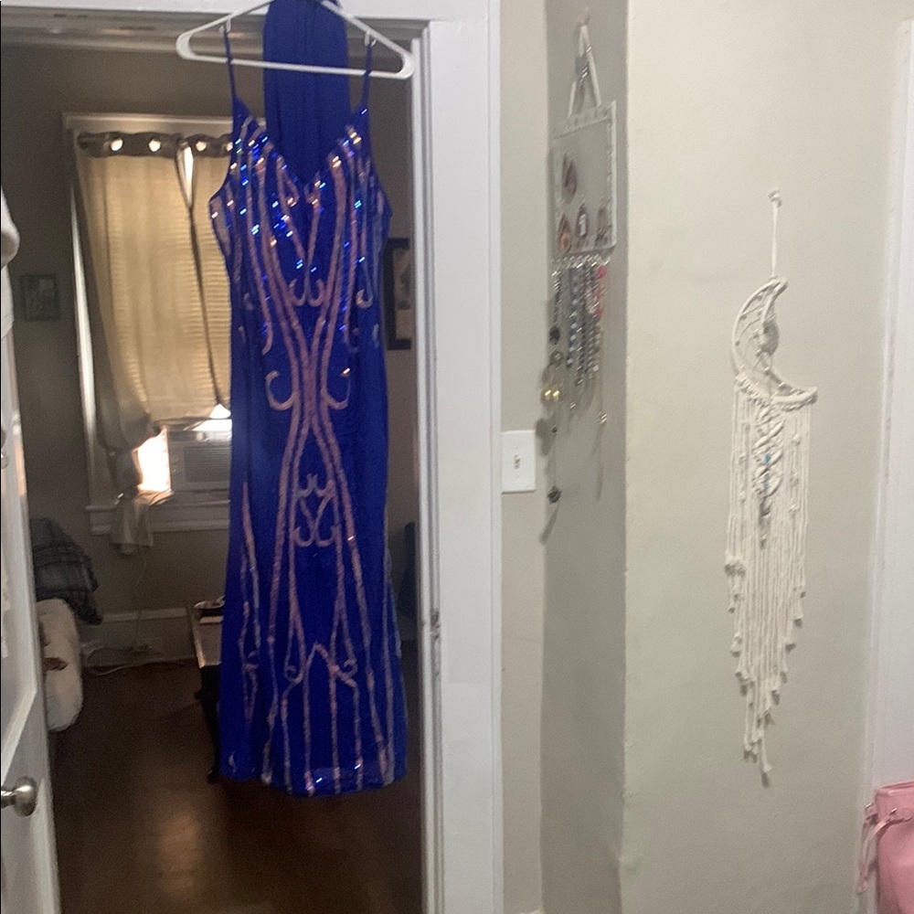 SHEIN Blue Sequin Halter Prom Gown